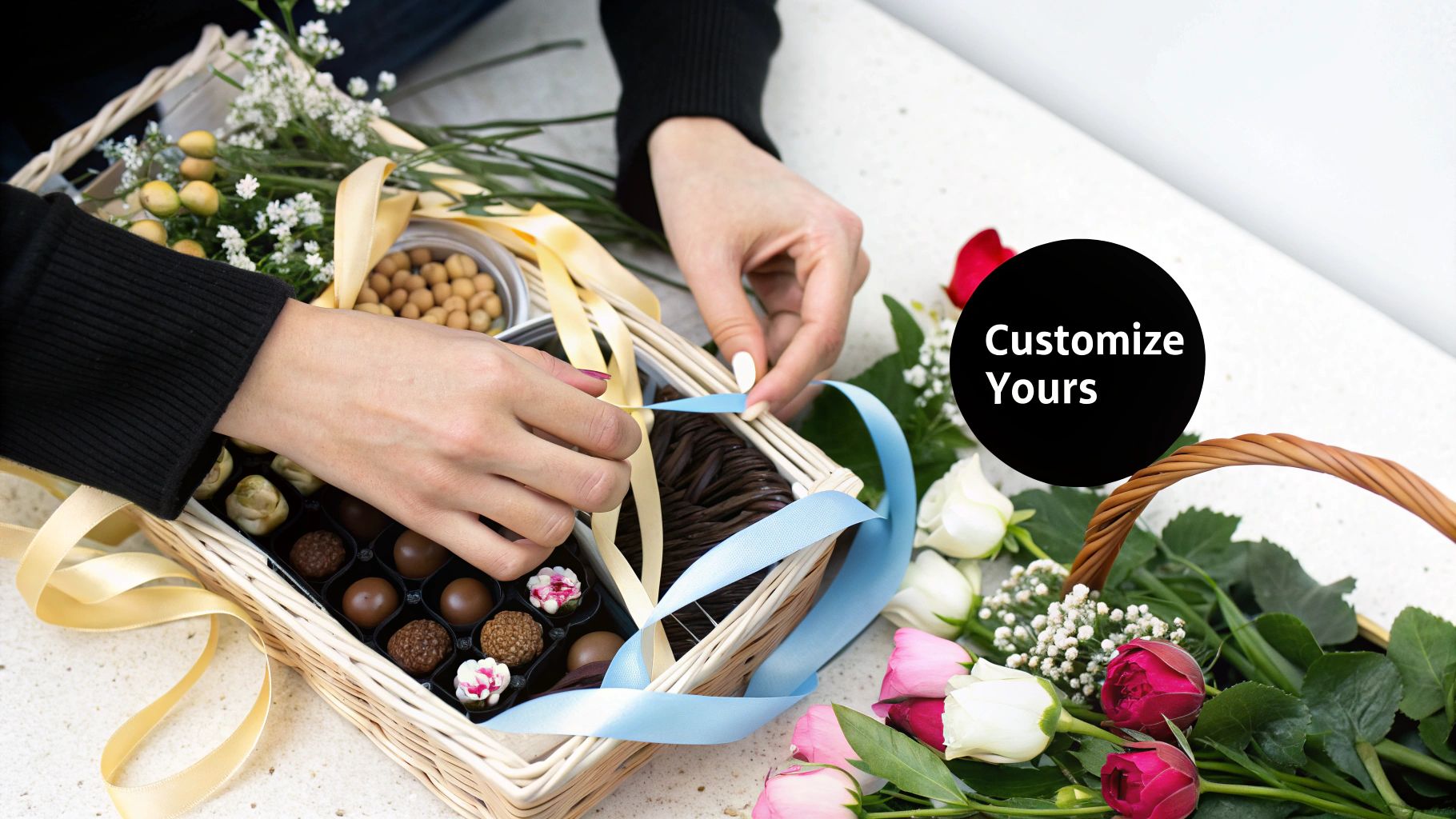 Hands tying blue and yellow ribbons on a basket of chocolates and flowers. Tulips nearby. Text: "Customize Yours." Cozy setting.