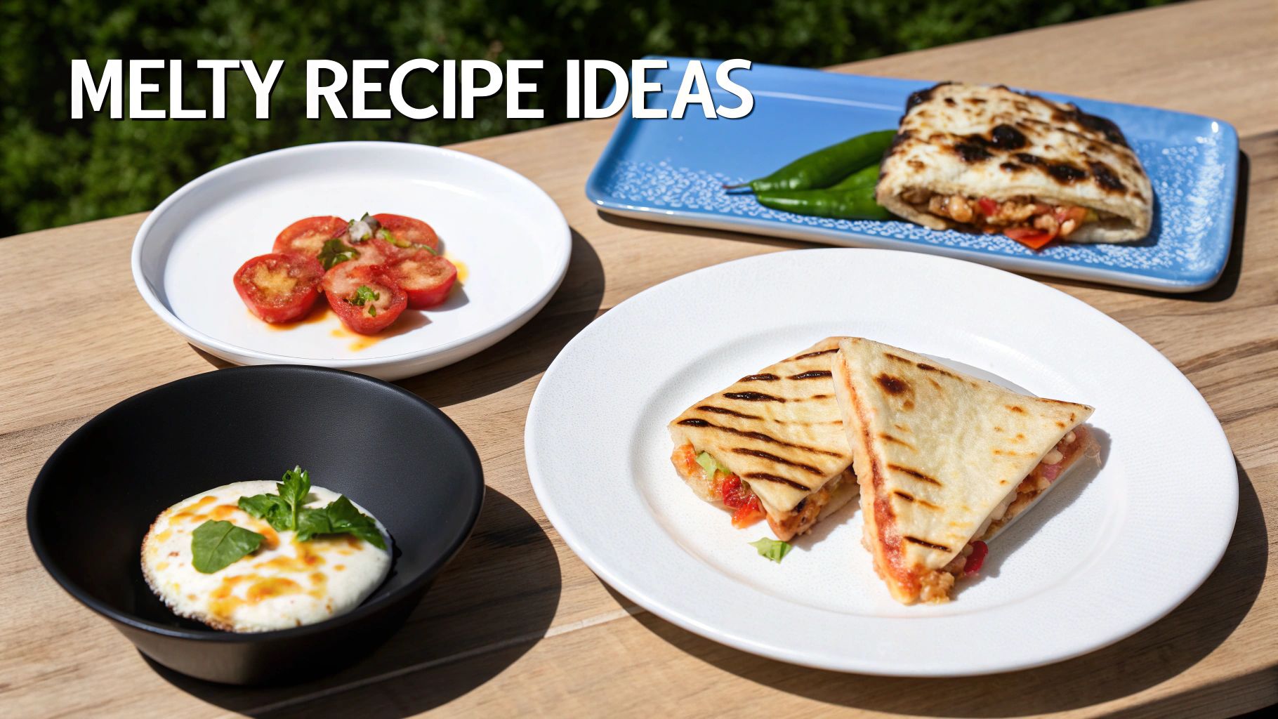 Various 'melty' food recipes, including quesadillas, a baked cheese dish, and sliced tomatoes, on a wooden table.