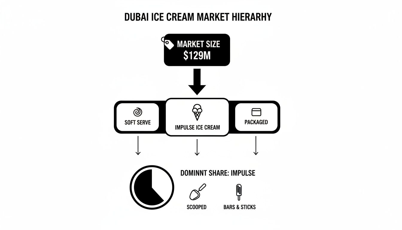 Dubai ice cream market hierarchy diagram detailing market size ($129M), categories, and dominant impulse share breakdown.