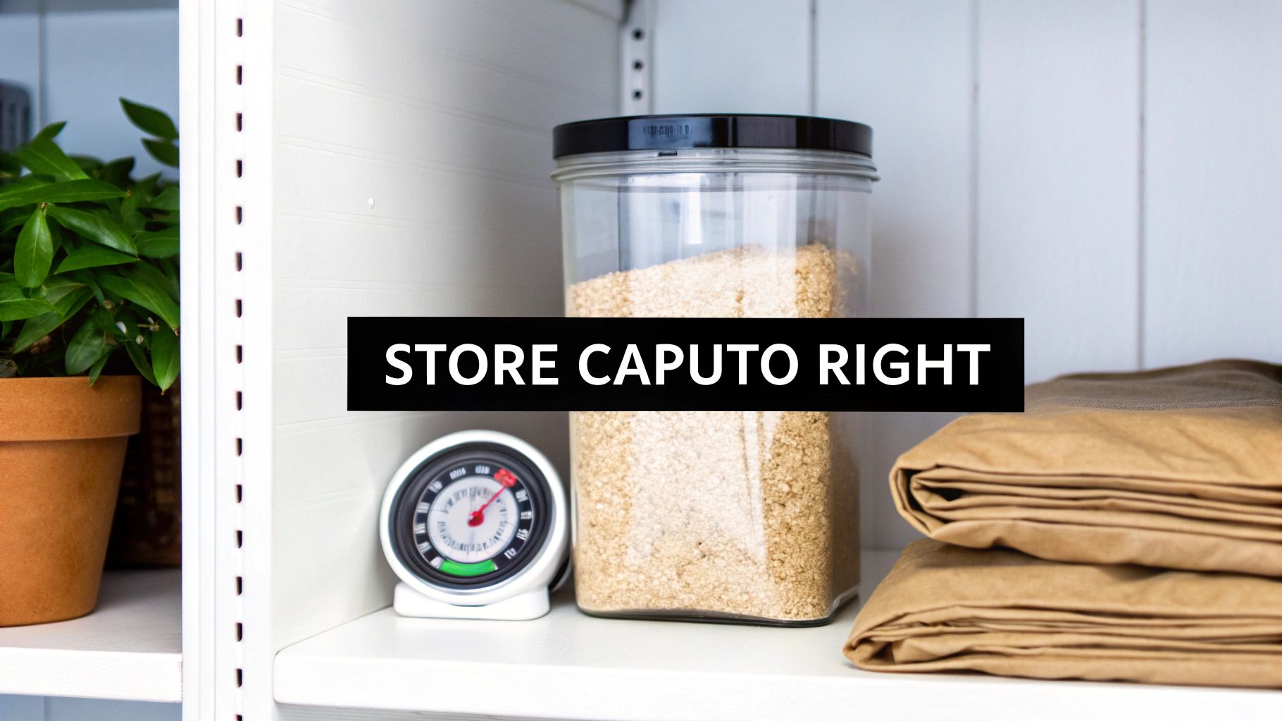 A well-organized pantry shelf showing bags of Antimo Caputo flour and other baking ingredients.