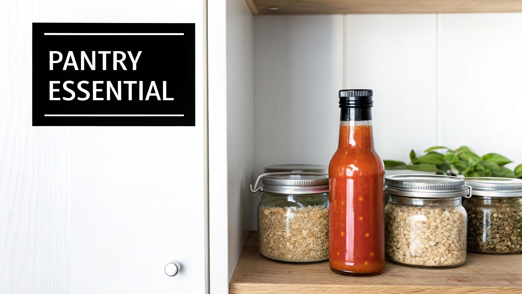 A bottle of chili sauce and glass jars with dry goods on a wooden pantry shelf.