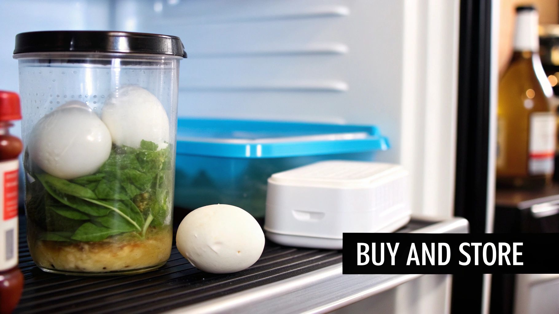 Fresh mozzarella cheese balls and greens stored in a clear container inside an open refrigerator.