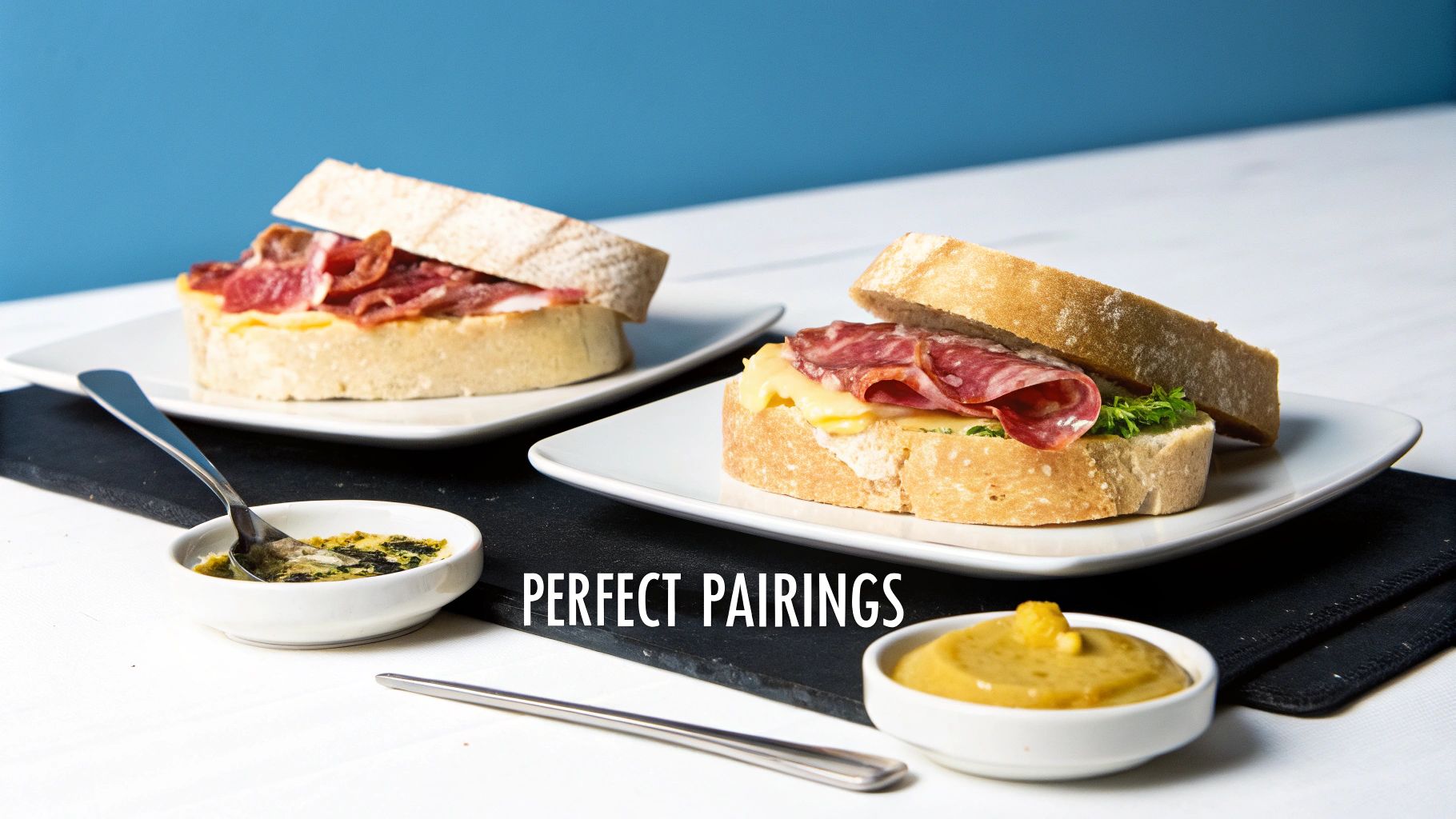 Two delicious open-faced cold cut sandwiches with cheese, greens, and dipping sauces on a table.