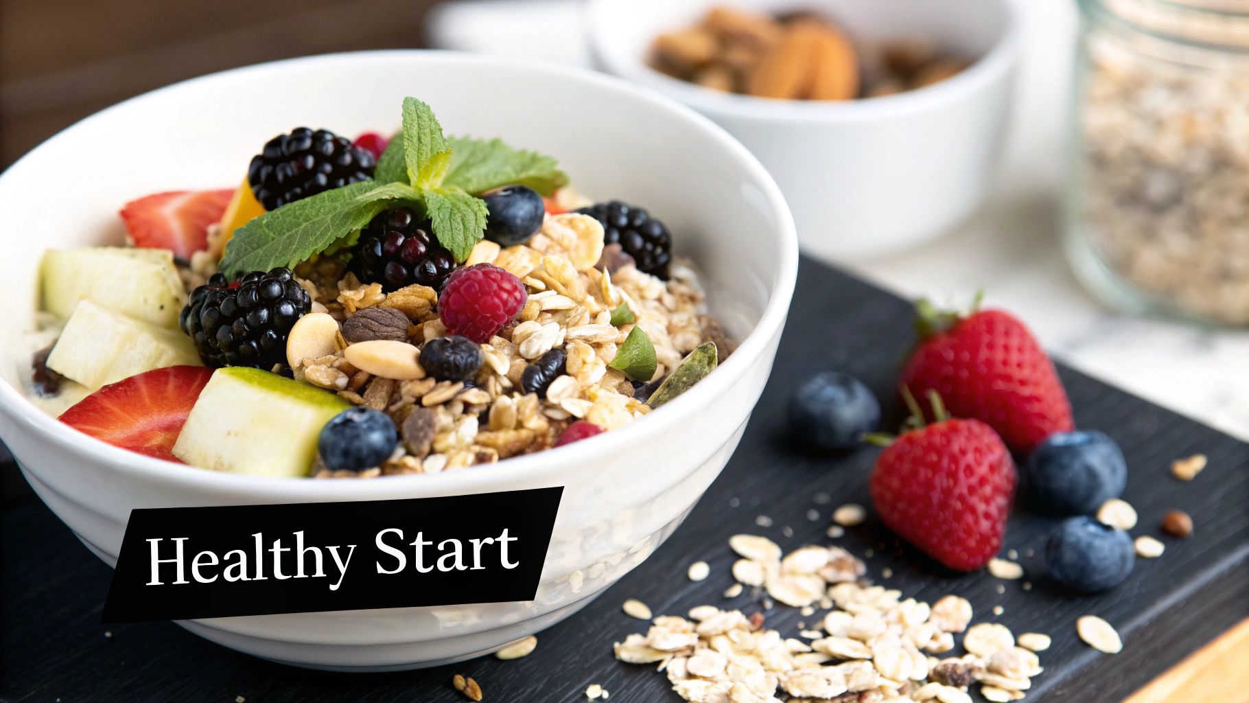 Bowl of granola topped with berries and mint on a black board. Text reads "Healthy Start." Fresh strawberries and blueberries nearby.
