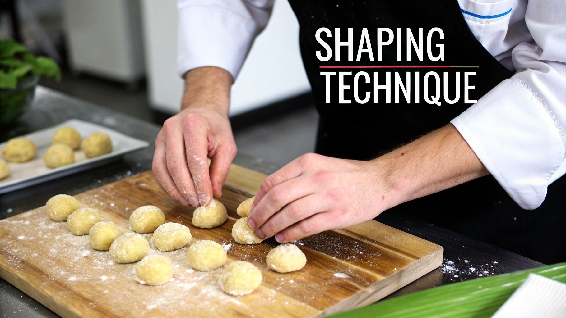 Chef shaping dough balls on a floured board in a kitchen. Text: "Shaping Technique." Cook's attire visible. Focused mood.