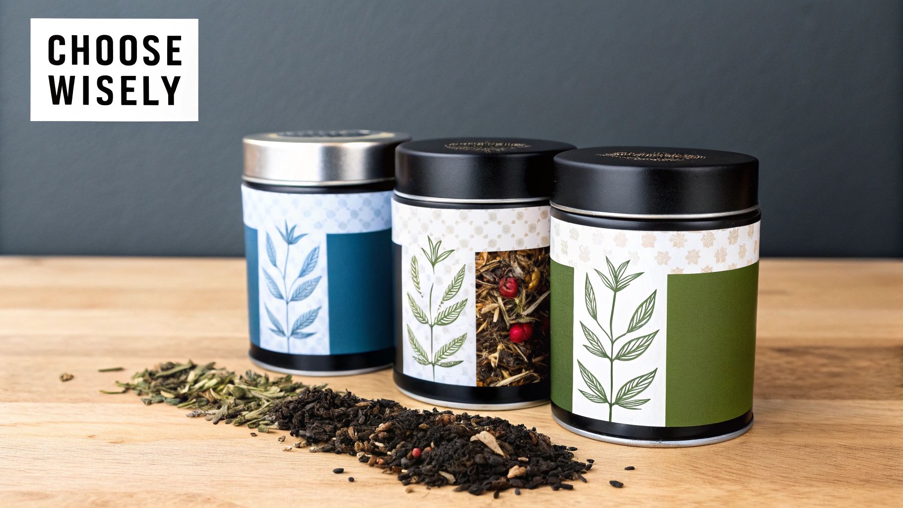 A person's hands holding a warm cup of tea, with various tea leaves and spices artfully arranged around it.