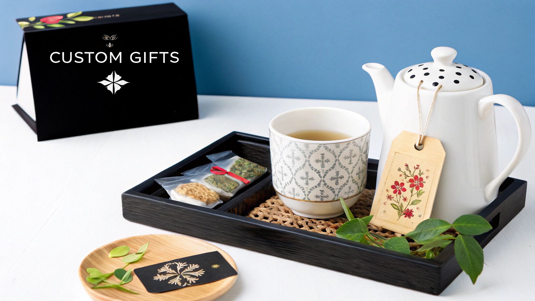 Teapot with floral tag, patterned cup, and herbs on a black tray. "Custom Gifts" box in the background, set on white surface.