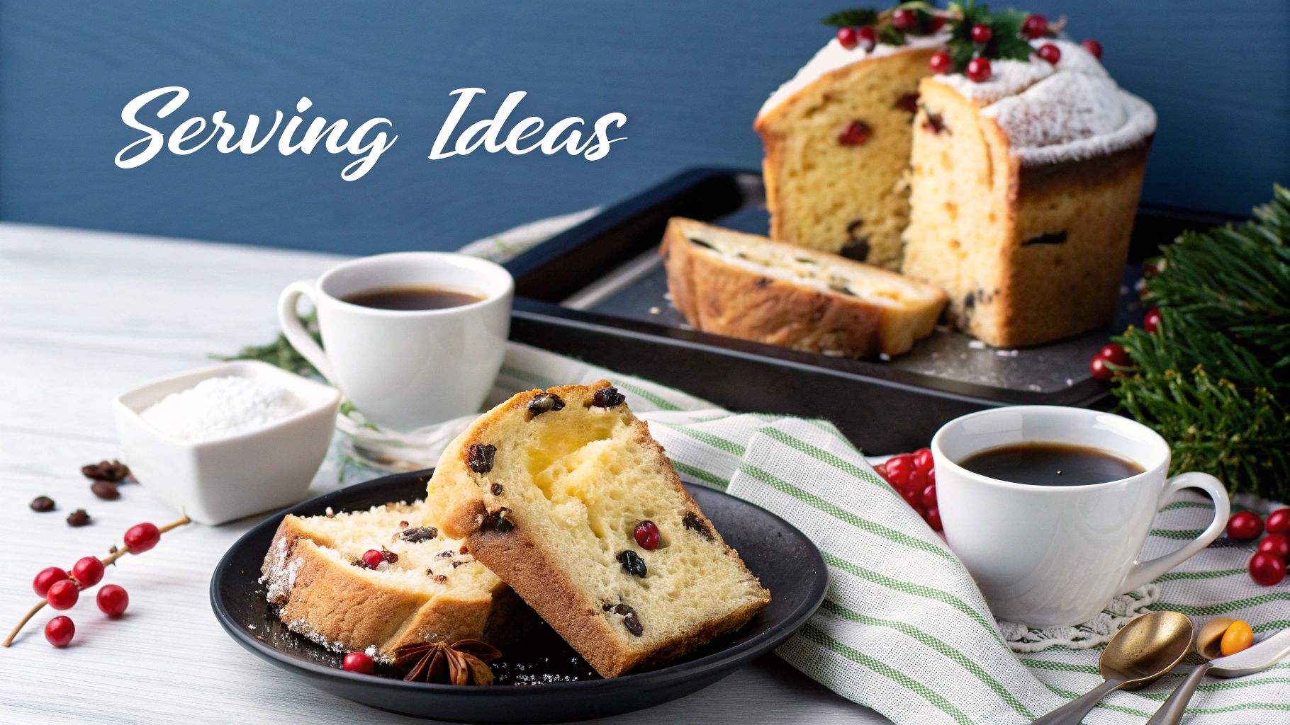 Fruitcake slices on a black plate, a white cup of coffee, red berries, and a napkin. Text reads "Serving Ideas." Festive setting.