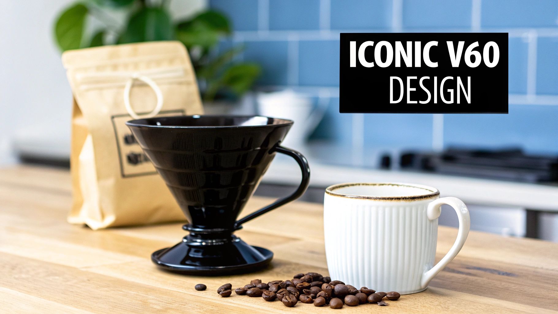 Black V60 coffee dripper, bag of beans, white mug, and coffee beans on a wooden counter.