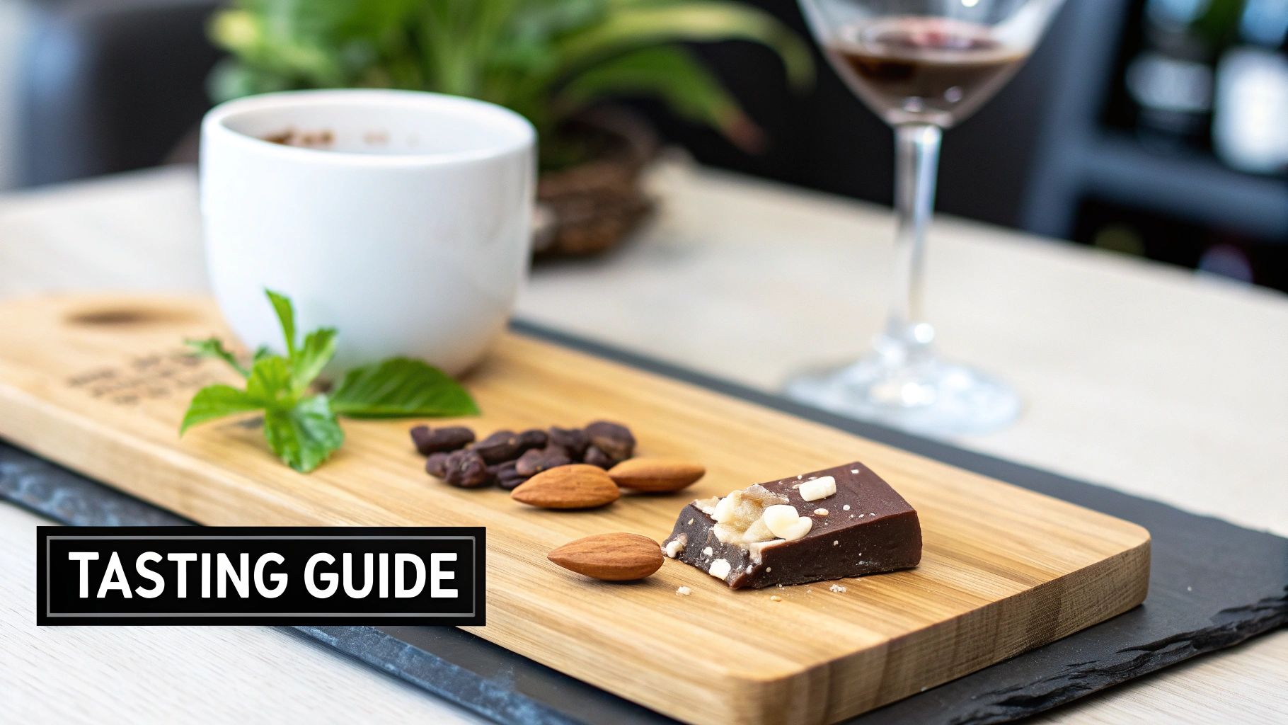 A chocolate tasting guide showing dark chocolate with almonds, cacao nibs, and a white cup on a wooden board.
