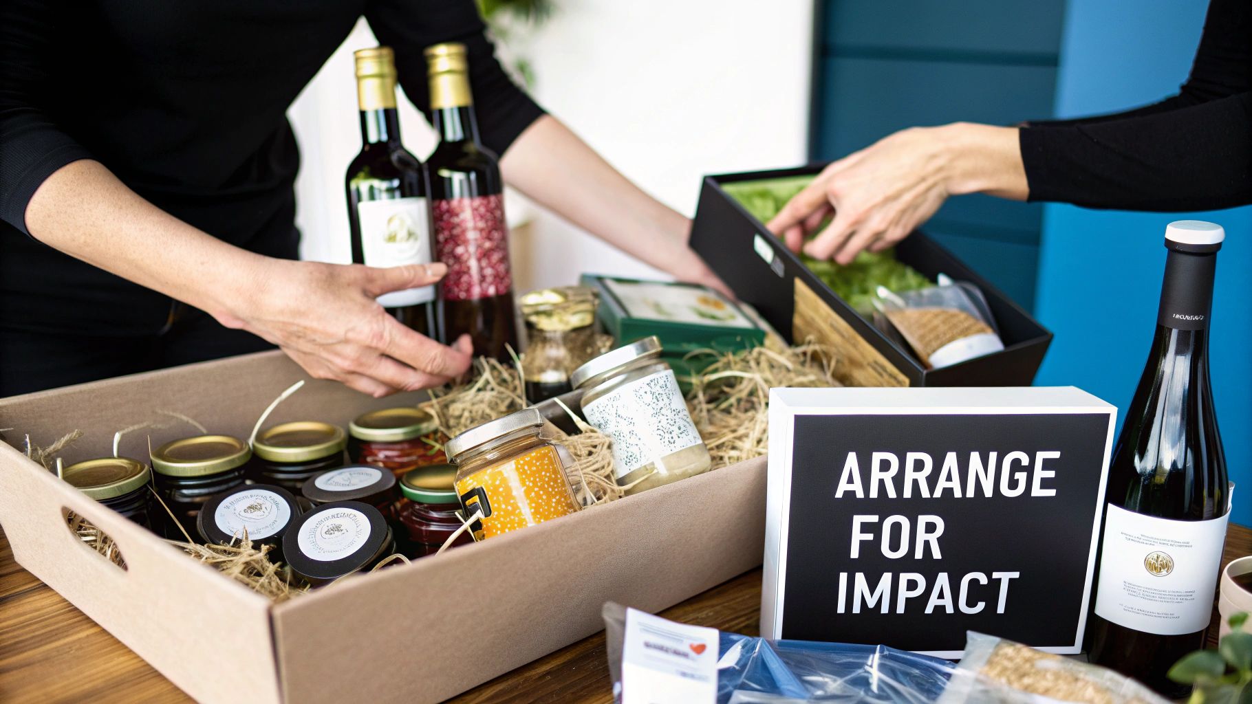 A perfectly arranged gift hamper box with items placed at different heights, creating an appealing visual balance.