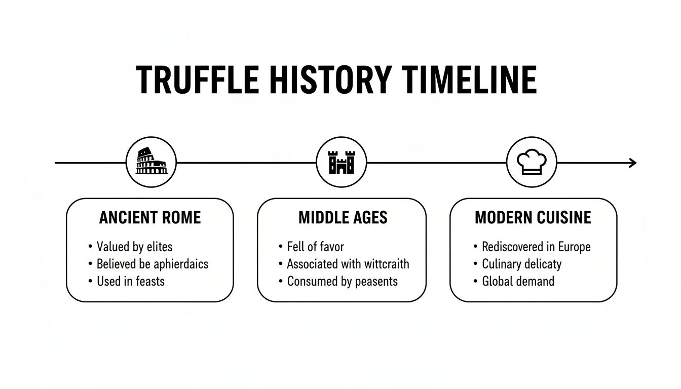 A truffle history timeline detailing its significance from ancient Rome, through the Middle Ages, to modern cuisine.