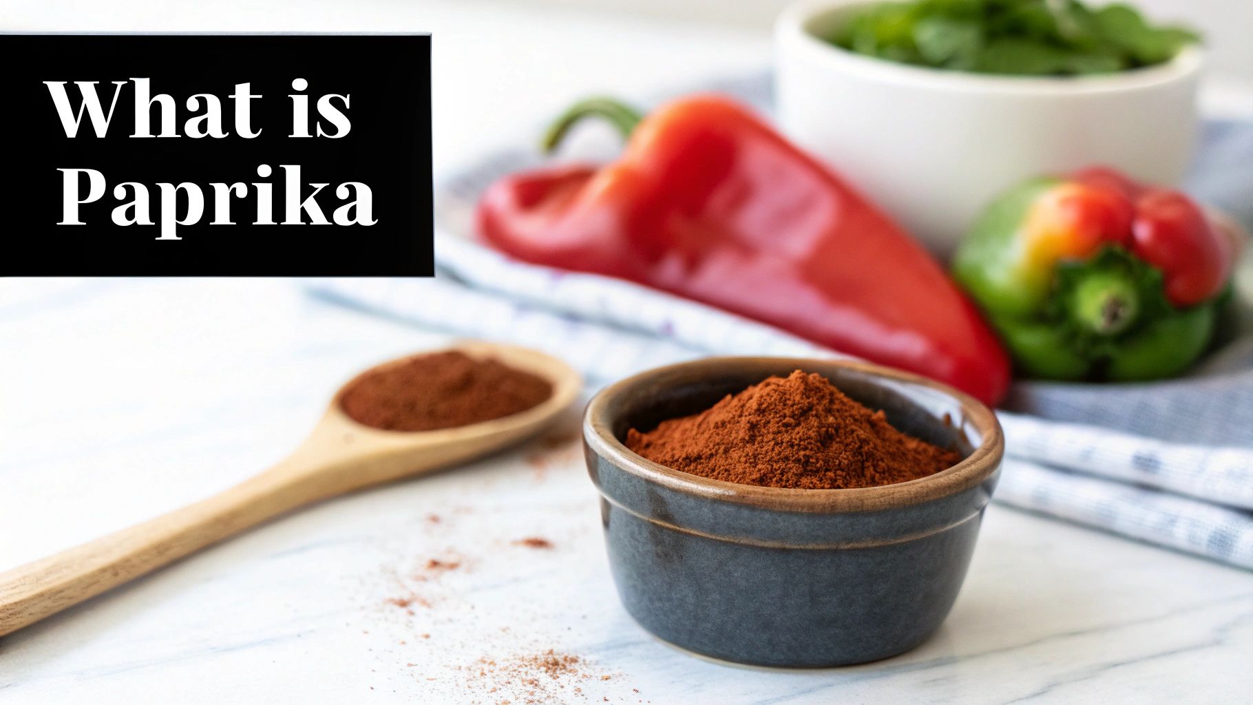 Paprika powder in a bowl and spoon, with fresh bell peppers and the title 'What is Paprika'.