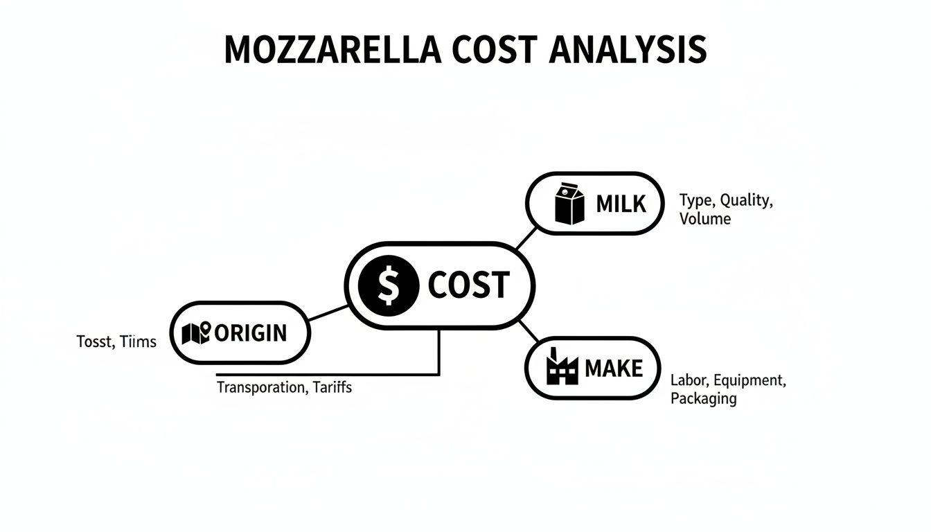 Mind map illustrating mozzarella cost analysis, detailing factors like origin, milk, and production.