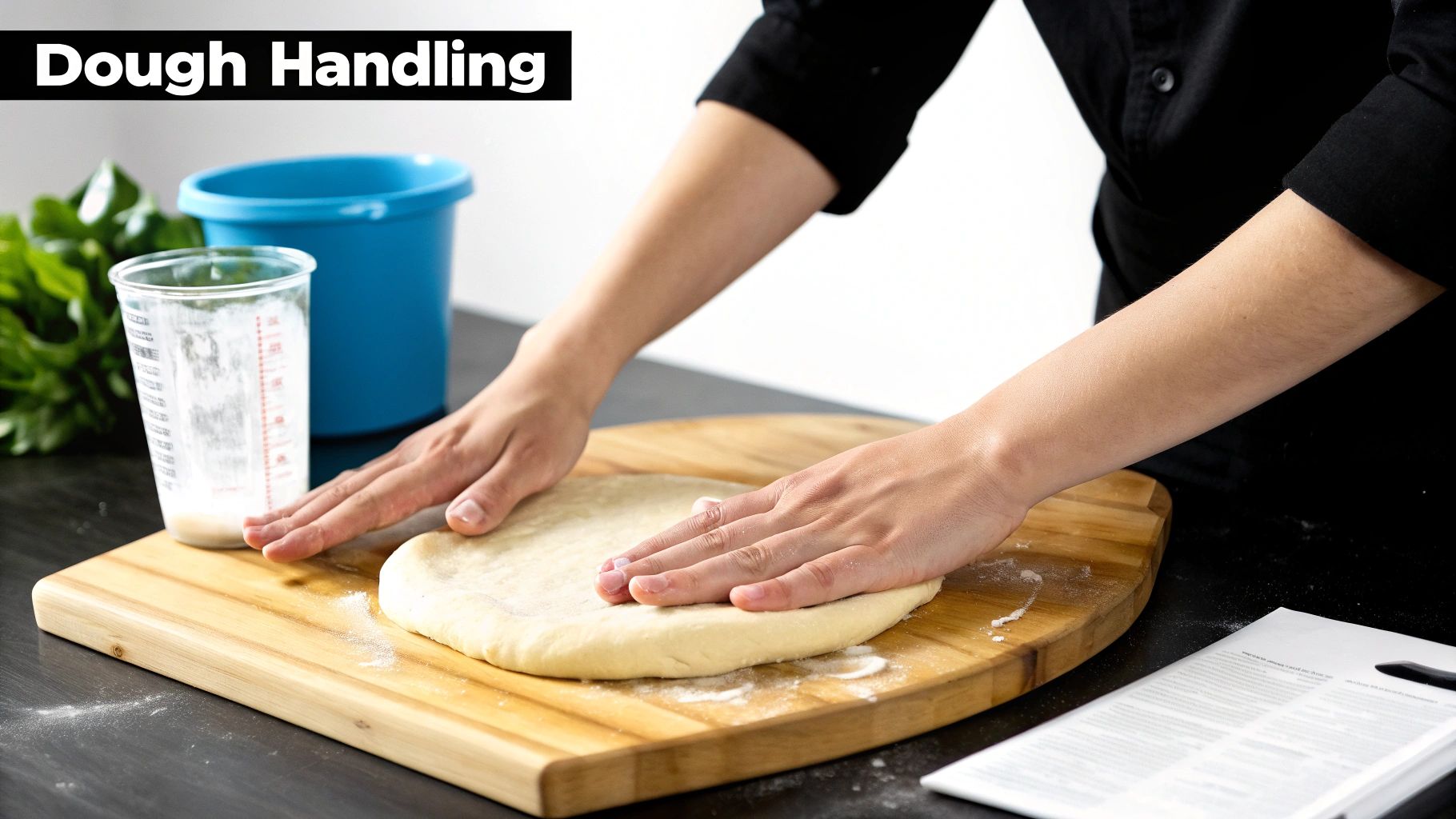 Close-up of hands pressing fresh dough on a wooden board with flour for baking.