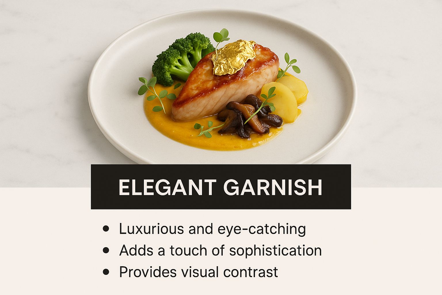 طبق من سمك السلمون المغطى بورق الذهب، مع بروكلي، وفطر، وبطاطس، وزينة على طبق أبيض. النص: &quot;زينة أنيقة&quot; والوصف.