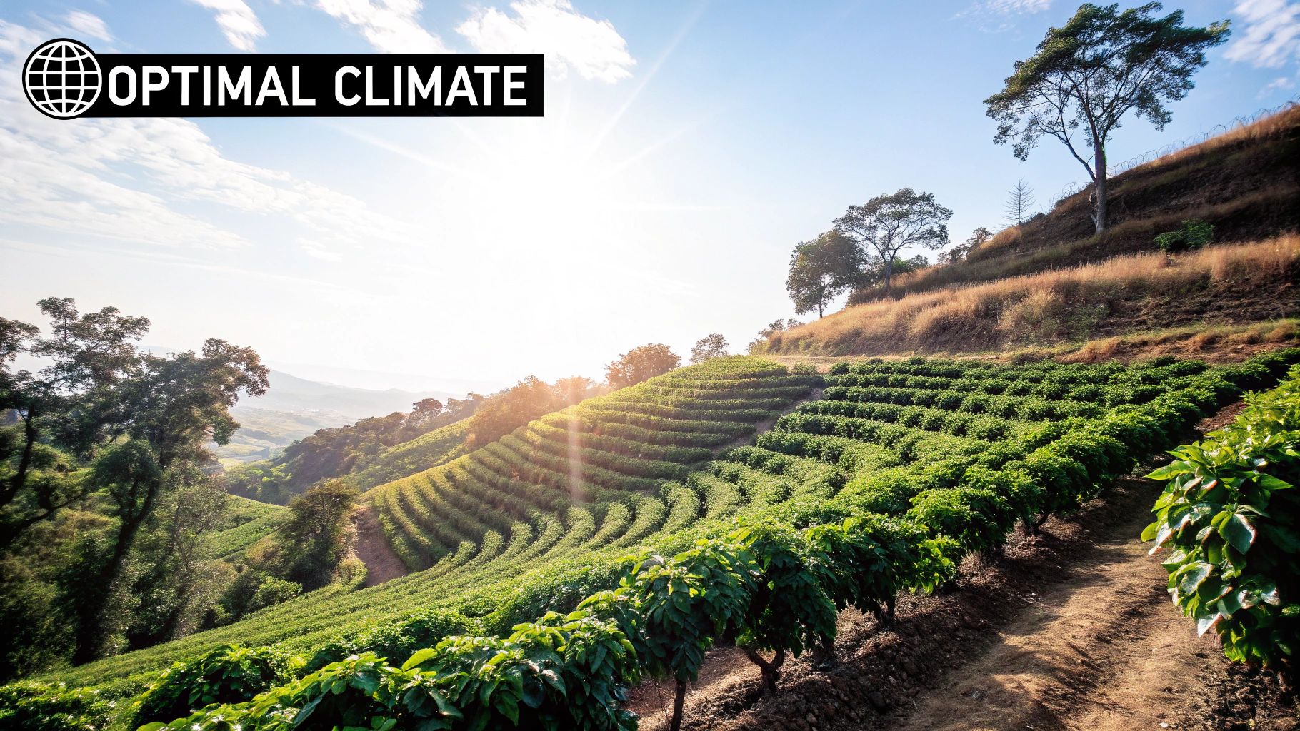 Sunlit terraced fields with lush greenery, trees, and hills. "Optimal Climate" text in the top left. Bright and serene mood.