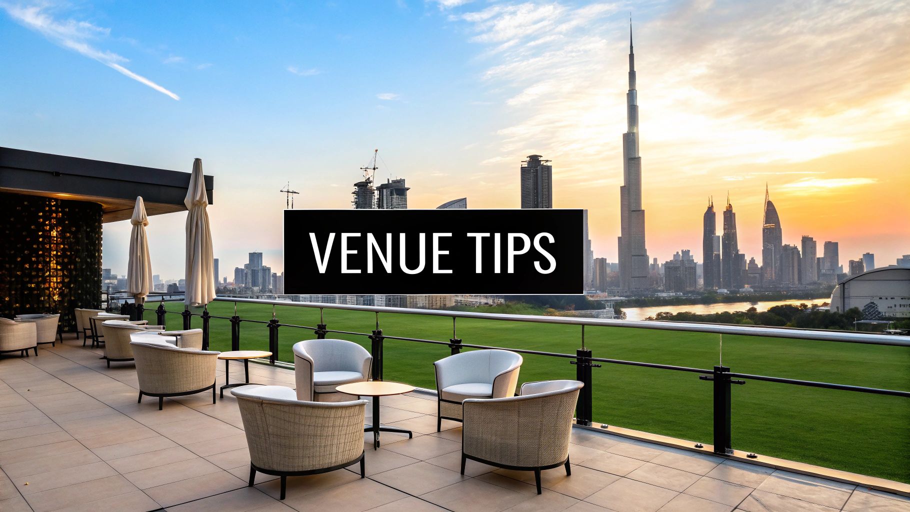 Rooftop lounge with white chairs overlooks city skyline at sunset. Green lawn below. "VENUE TIPS" text in center.
