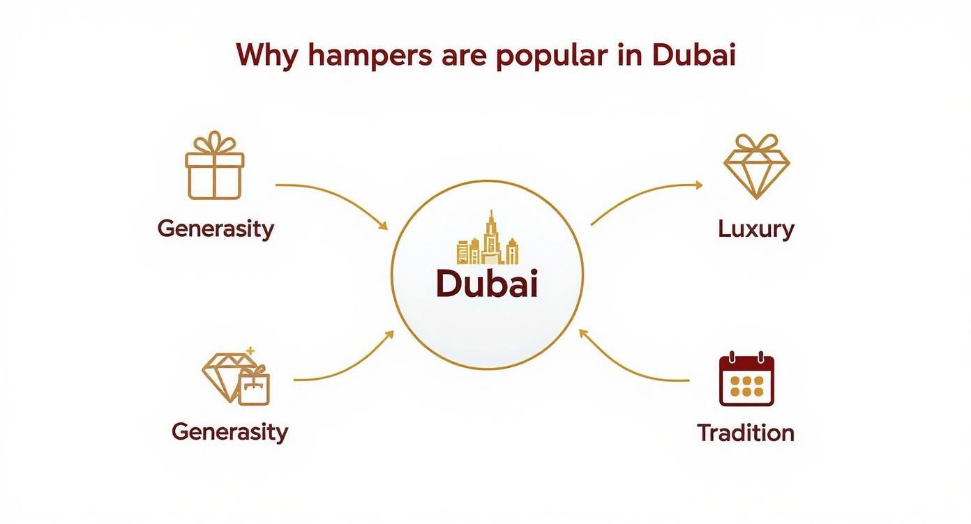 Diagram illustrating why gift hampers are popular in Dubai, highlighting generosity, luxury, and tradition.