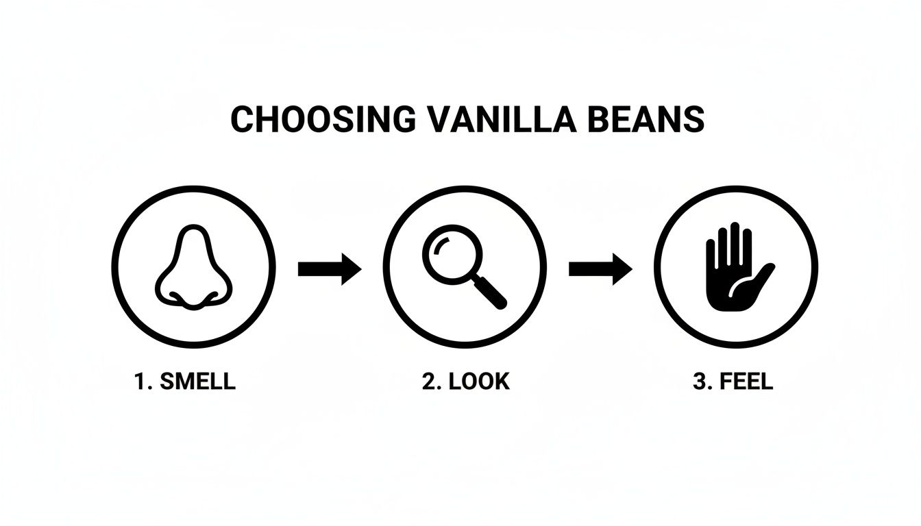 A simple guide with icons showing how to choose vanilla beans by smell, look, and feel.