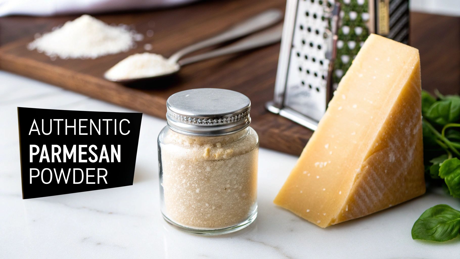 A jar of authentic parmesan powder, a wedge of parmesan cheese, a grater, and basil leaves.