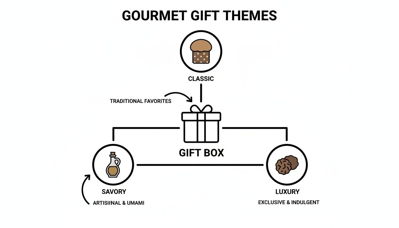 Diagram illustrating gourmet gift themes: Classic, Savory, and Luxury gift box ideas.