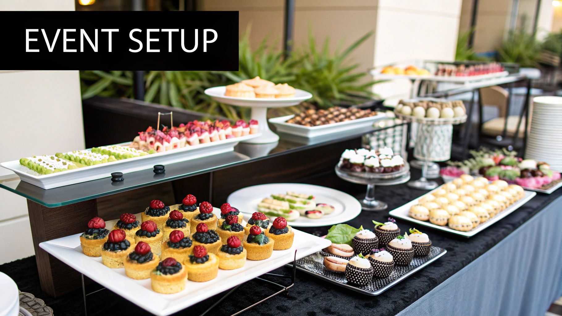 Elegant dessert table with colorful pastries and cakes on trays. Text reads "Event Setup." Greenery in the background creates a fresh mood.