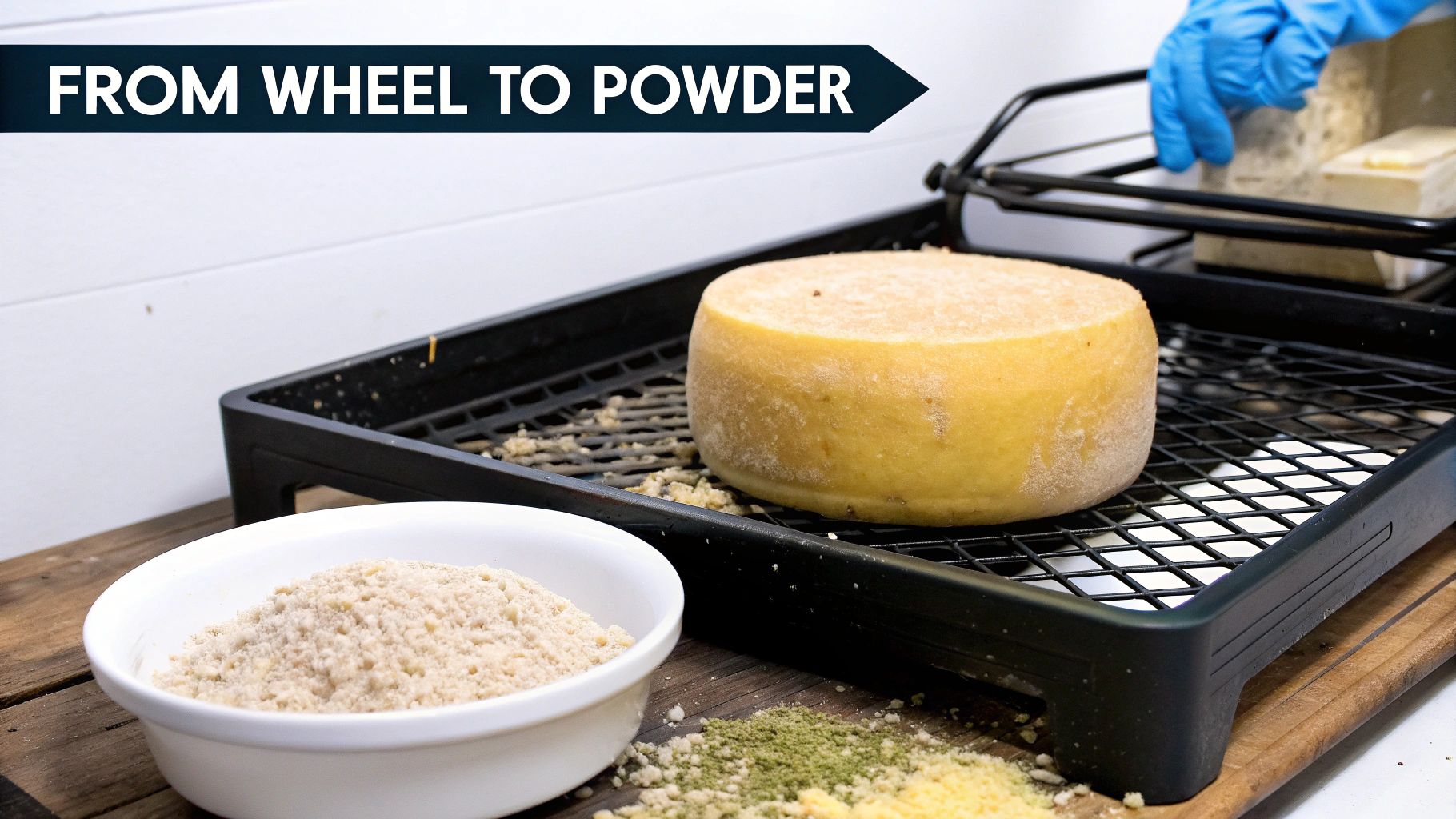 A cheese wheel on a drying rack next to a bowl of light brown cheese powder and scattered flavored powders.