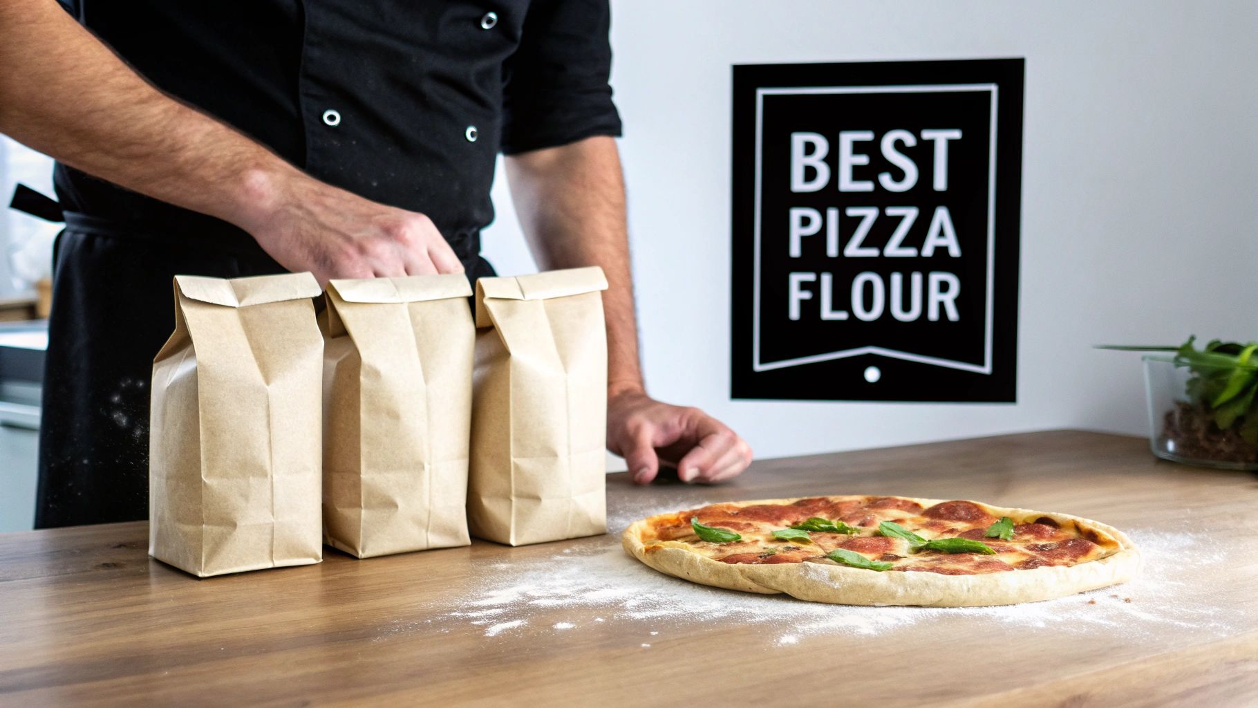 Chef stands behind a wooden counter with pizza, flour bags, and a 'BEST PIZZA FLOUR' sign.