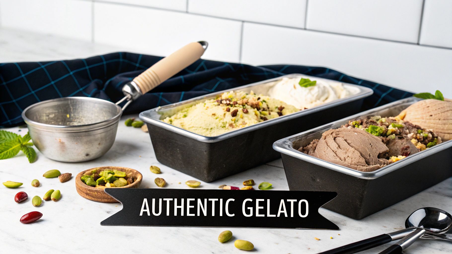 Two tubs of gourmet gelato, one pistachio and vanilla, the other chocolate, with toppings and a scoop.