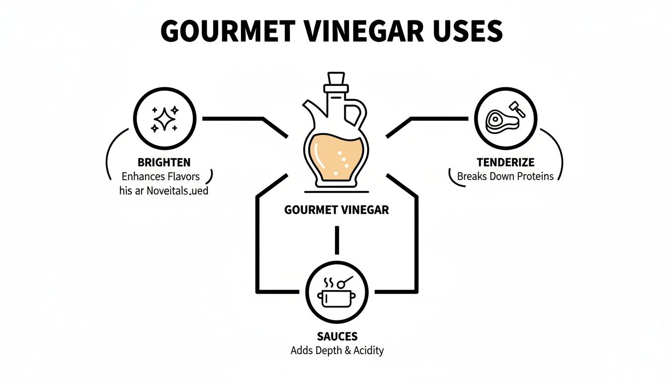 Infographic illustrating gourmet vinegar uses: brightening flavors, tenderizing proteins, and adding depth to sauces.