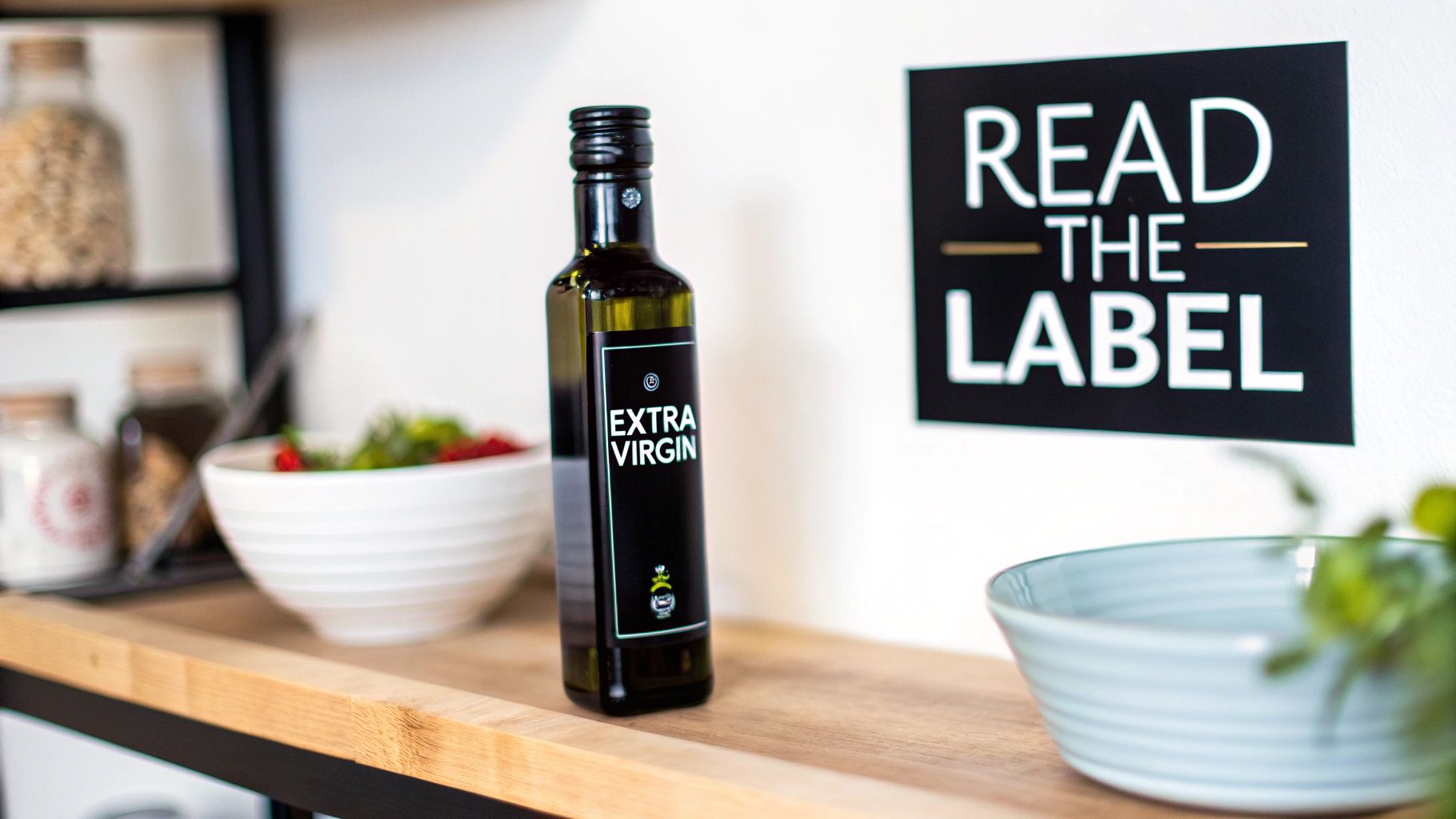 A bottle of extra virgin olive oil sits on a wooden shelf next to a 'READ THE LABEL' sign.