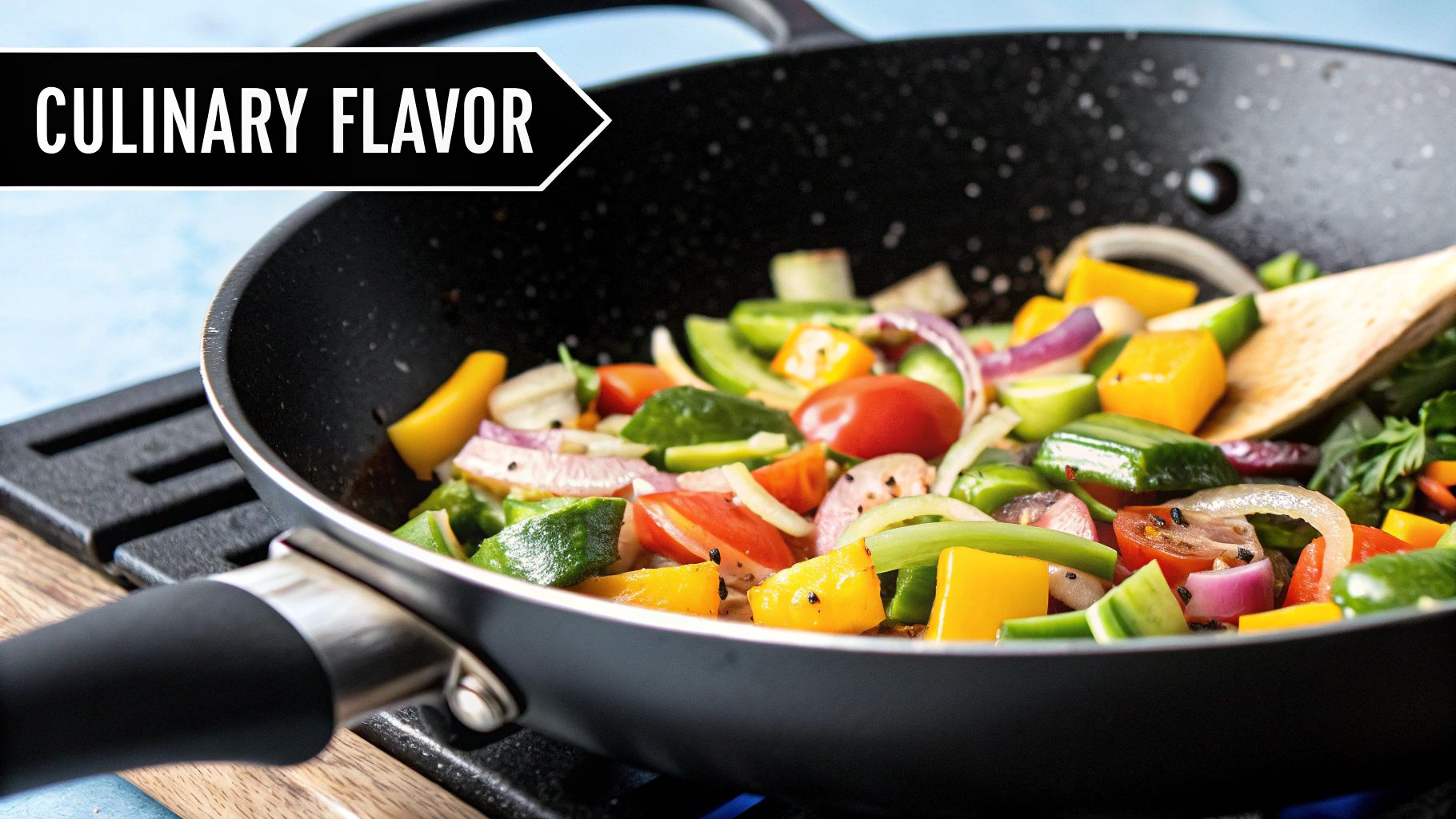 Colorful vegetables being stir-fried in a black pan on a stove, with the text "Culinary Flavor" above. Bright, fresh, and vibrant.