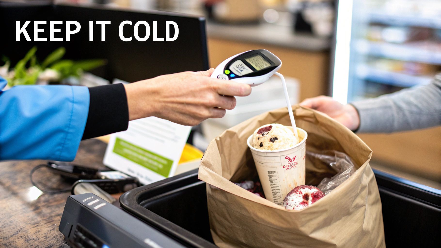 A person uses a digital thermometer to check the temperature of ice cream in a paper bag at a counter.