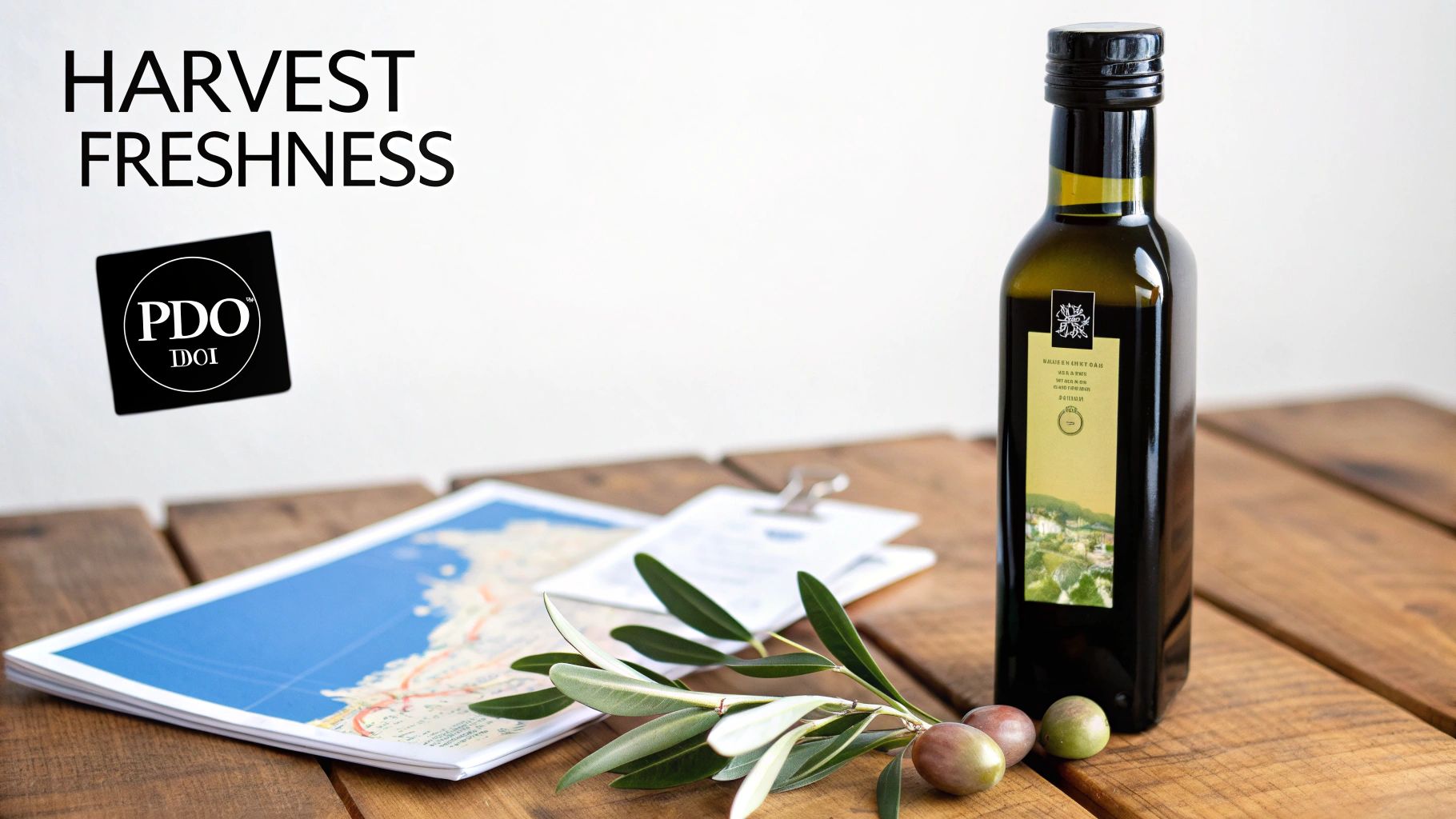 Premium olive oil bottle, fresh olive branch, and map on a wooden table, emphasizing harvest freshness.