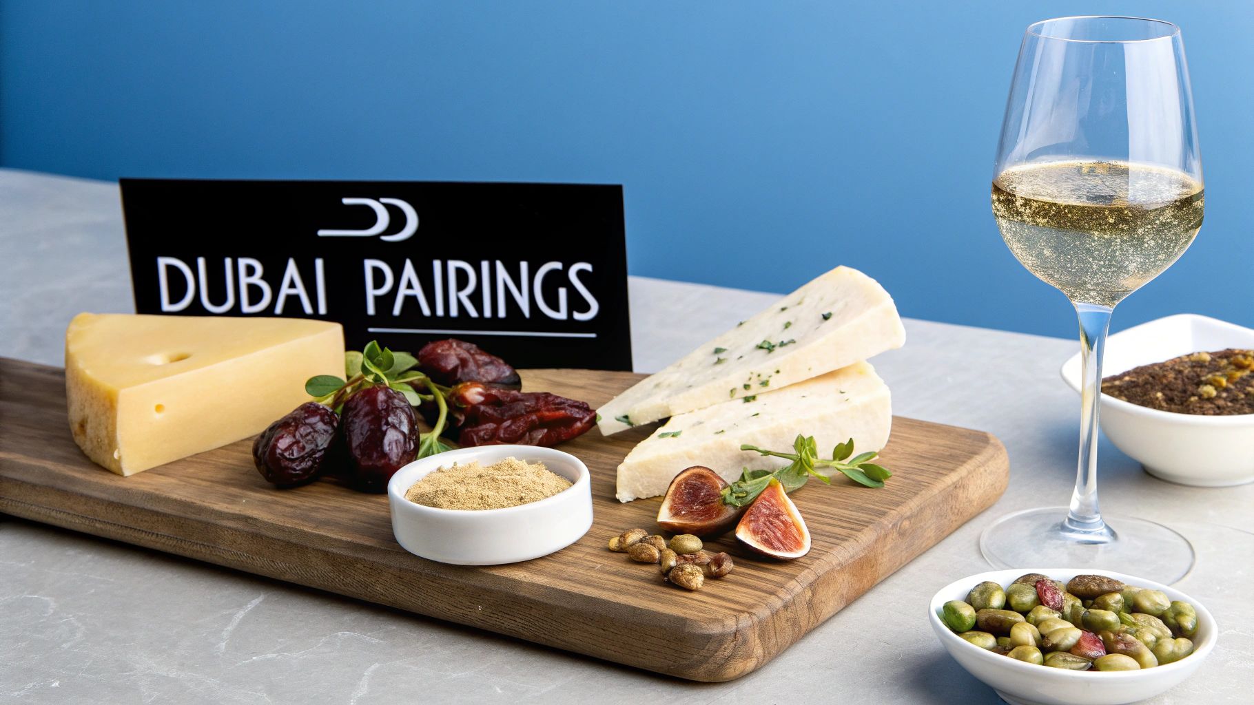 A gourmet spread on a wooden board featuring cheeses, dates, figs, spices, nuts, and sparkling wine.