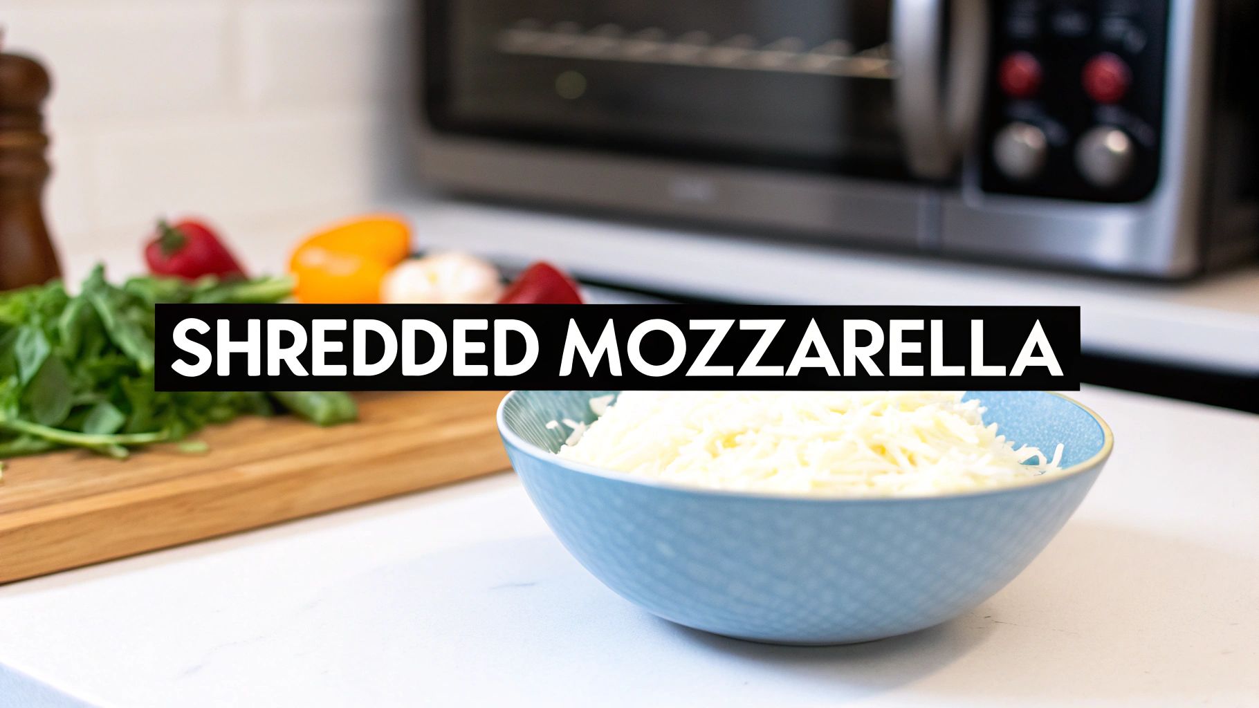 A blue bowl of shredded mozzarella cheese on a kitchen counter with fresh basil, peppers, and an oven.