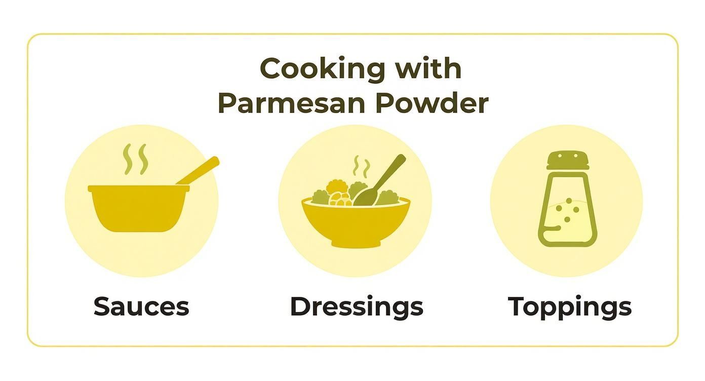 Graphic showing cooking with Parmesan powder for sauces, dressings, and toppings with respective icons.