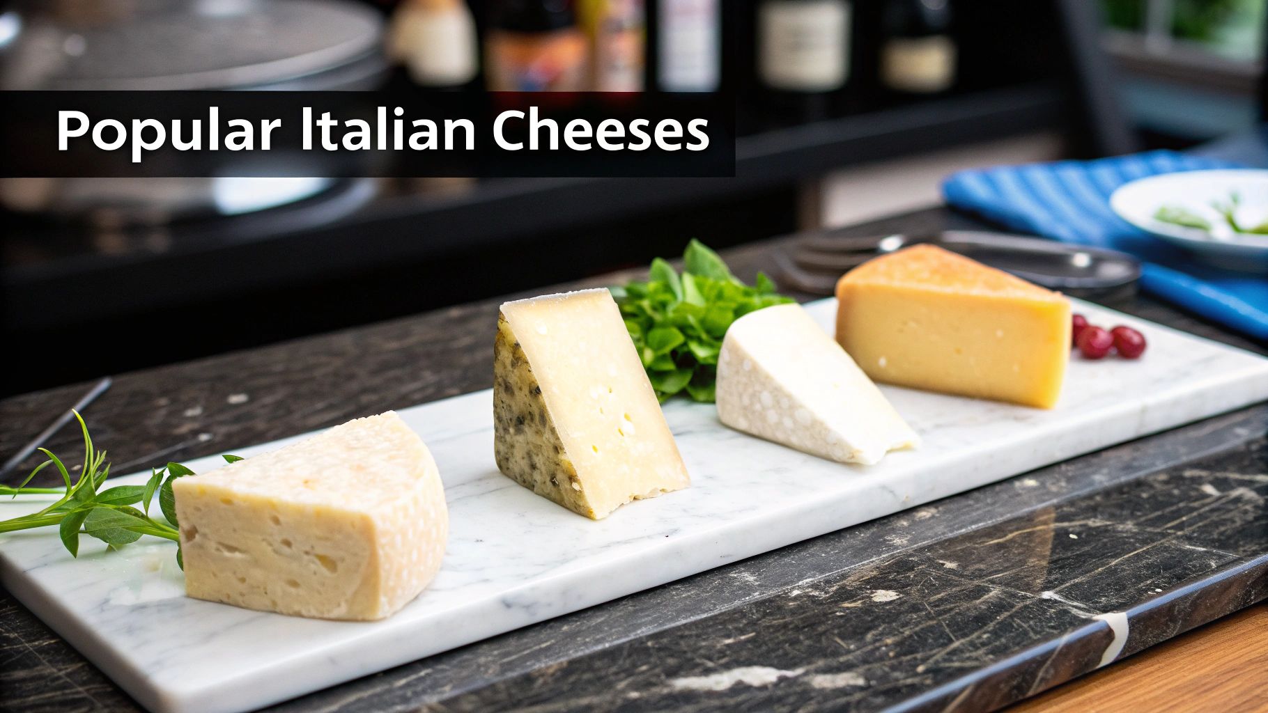 Four wedges of different Italian cheeses on a white marble serving board with garnish.