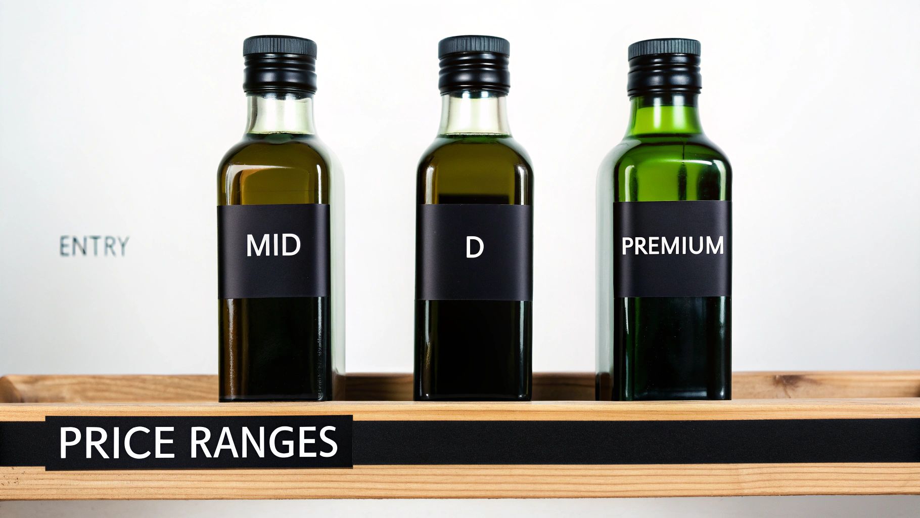 Three bottles of olive oil labeled 'MID', 'D', and 'PREMIUM' with 'ENTRY' visible, showing various price ranges.