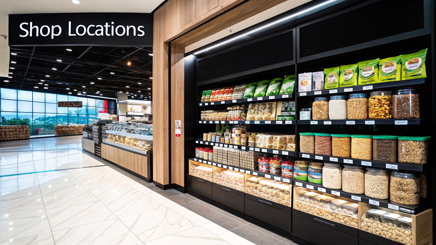 Grocery store aisle with shelves of snacks and spices. Wooden accents, shiny floor, and "Shop Locations" sign above. Bright and organized.