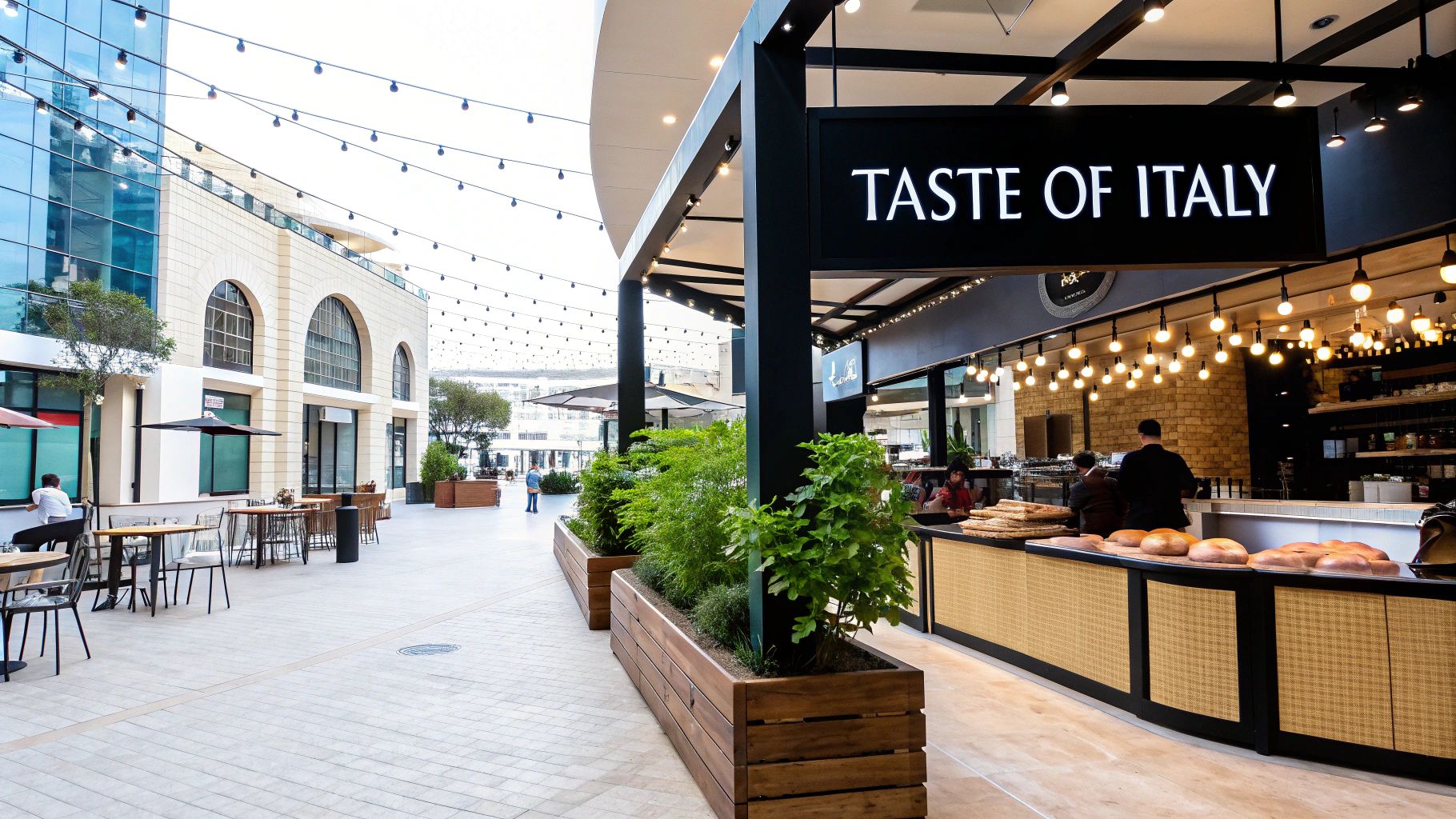 An outdoor view of 'Taste of Italy' restaurant with string lights and people, located in a modern shopping complex.