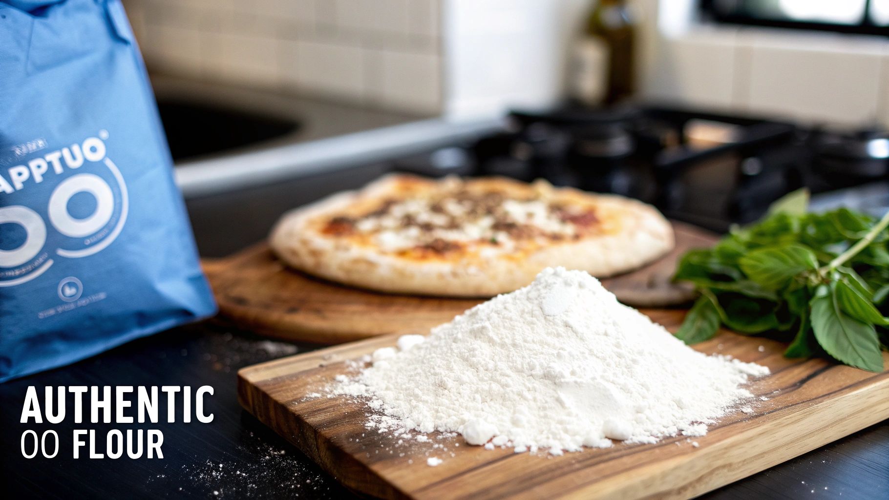 A bag of Antimo Caputo flour next to fresh pizza dough and ingredients like tomatoes and basil