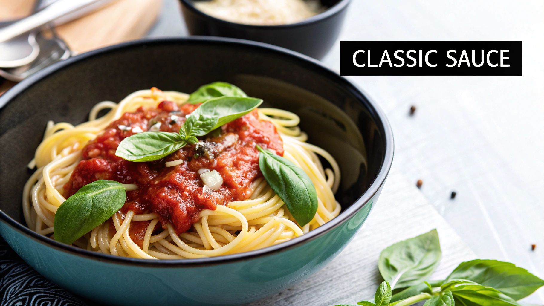 Bowl of spaghetti with red sauce and basil leaves, garnished with basil. Background shows a white table. Text reads "Classic Sauce".