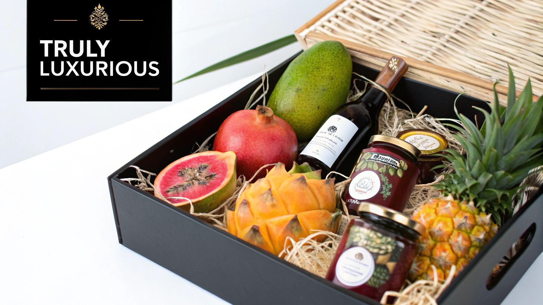 A luxurious fruit gift hamper displayed with gourmet chocolates and elegant packaging.
