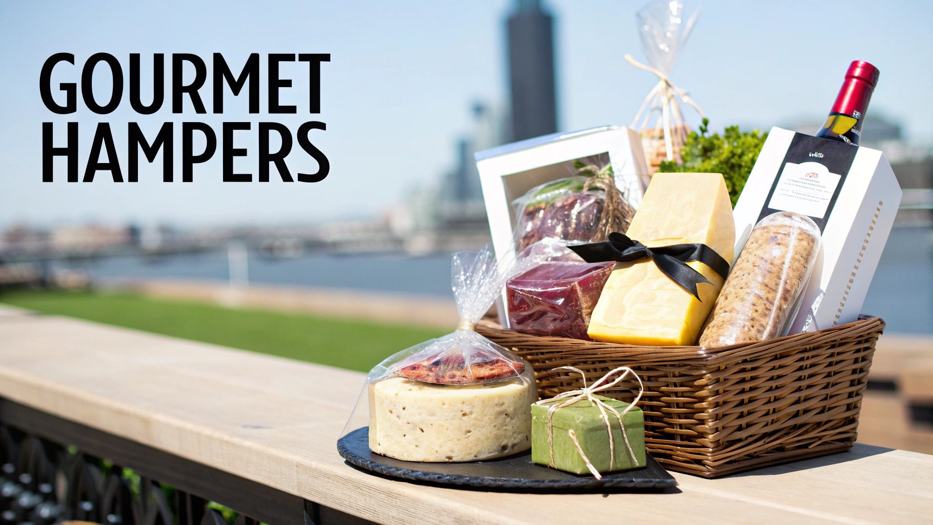 A luxurious gourmet hamper filled with various cheeses, a bottle of wine, and other delicacies, set outdoors.
