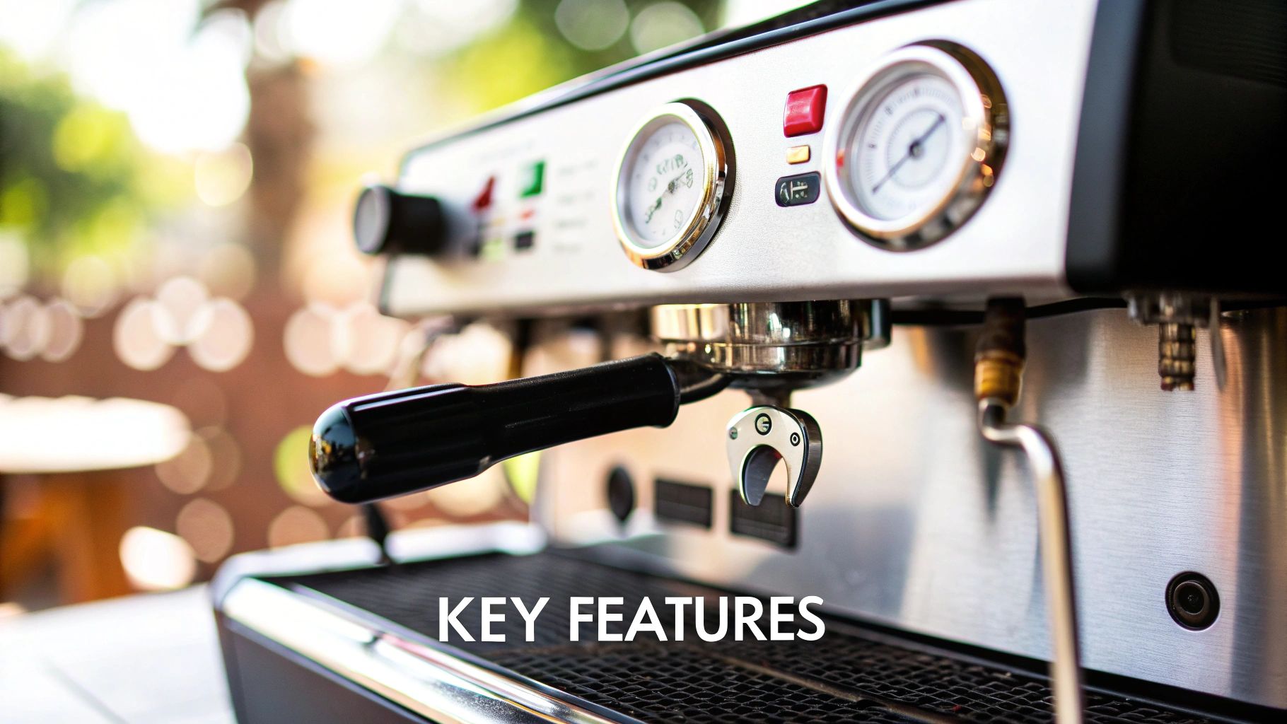 Close-up of a professional brushed stainless steel espresso machine with pressure gauges and portafilter.