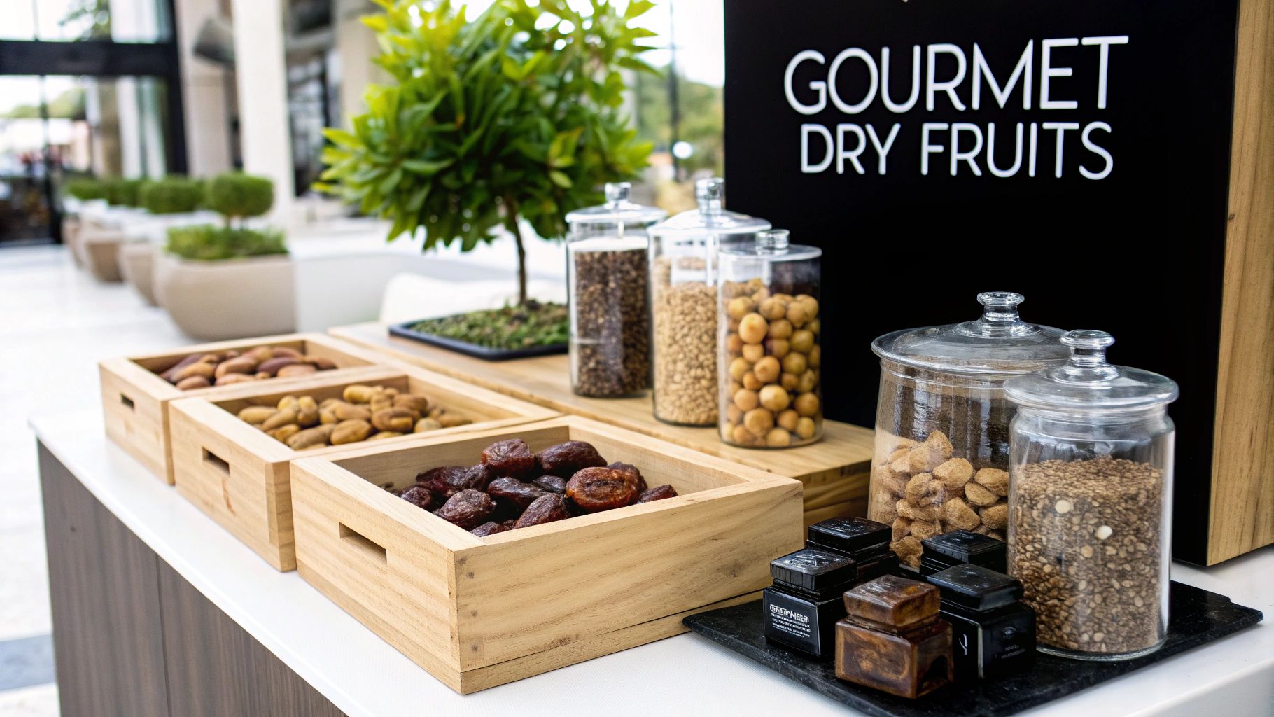 A vibrant display of gourmet dry fruits and nuts in wooden boxes and glass jars.