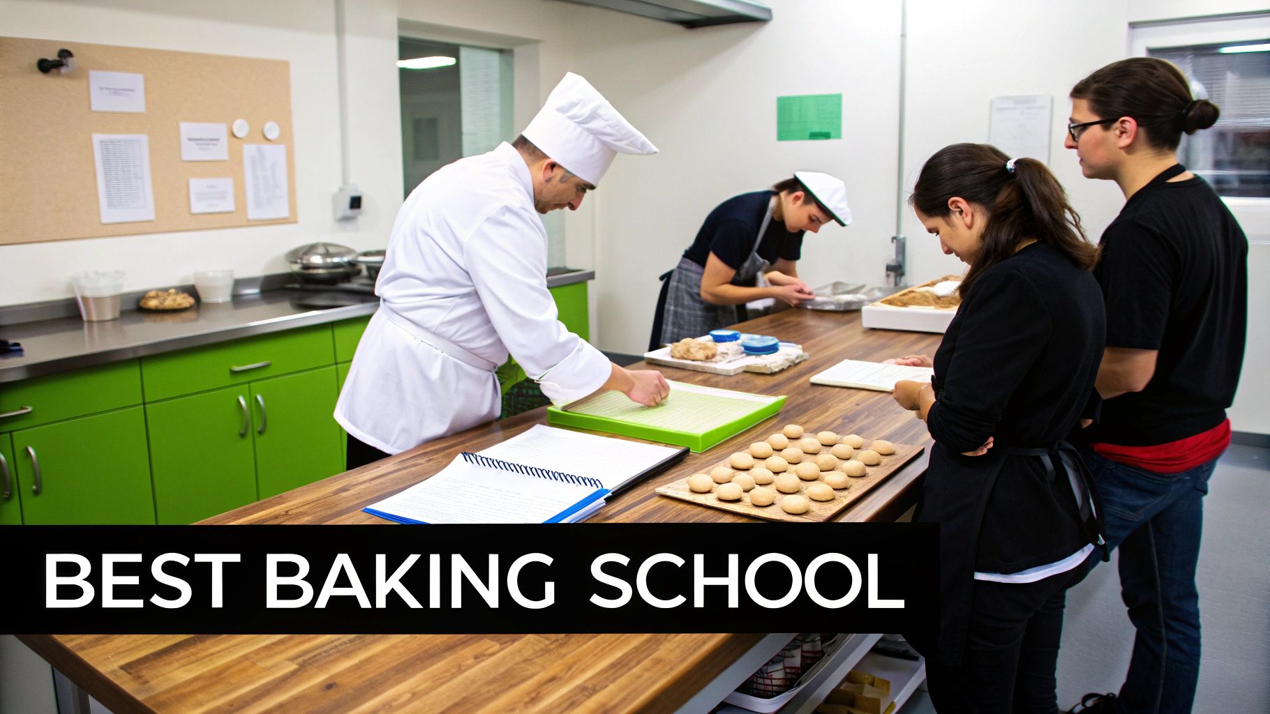 A chef teaches students baking techniques in a brightly lit, modern kitchen, preparing dough.