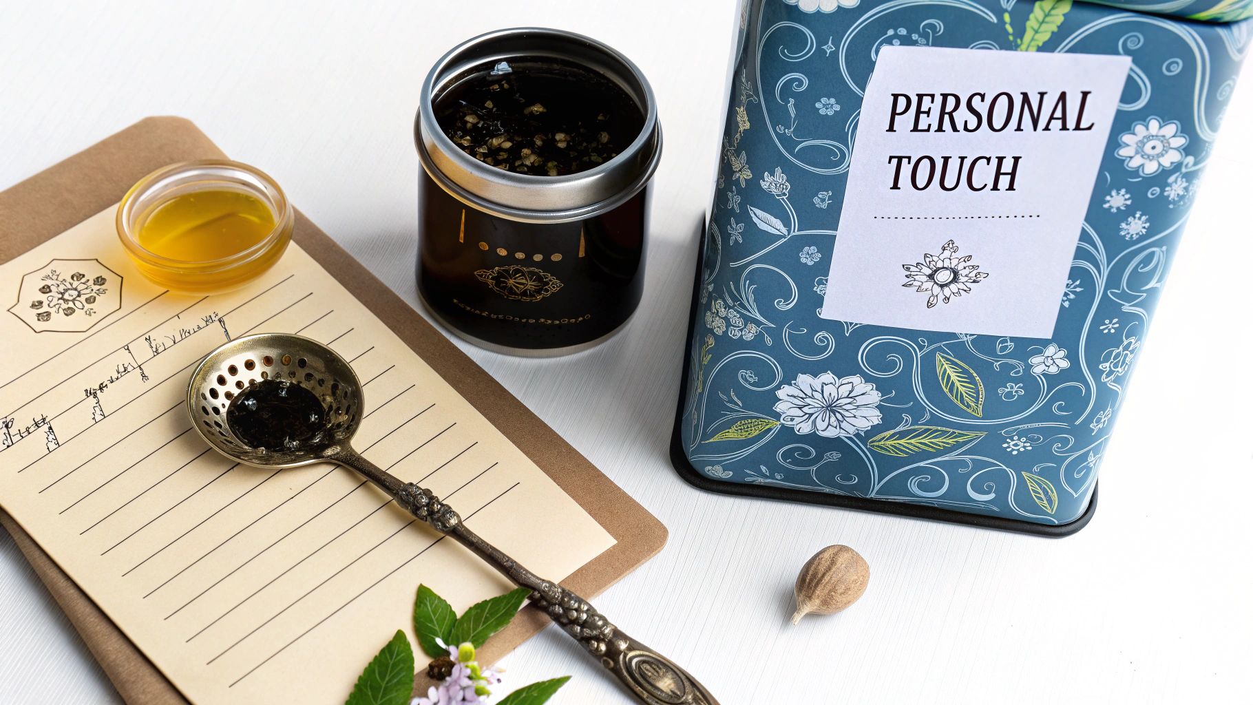 A tea gift set being wrapped with brown paper, twine, and a sprig of greenery, showing a personal touch.